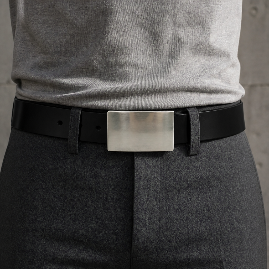 Même boucle sur une ceinture noire, portée sur un pantalon gris anthracite