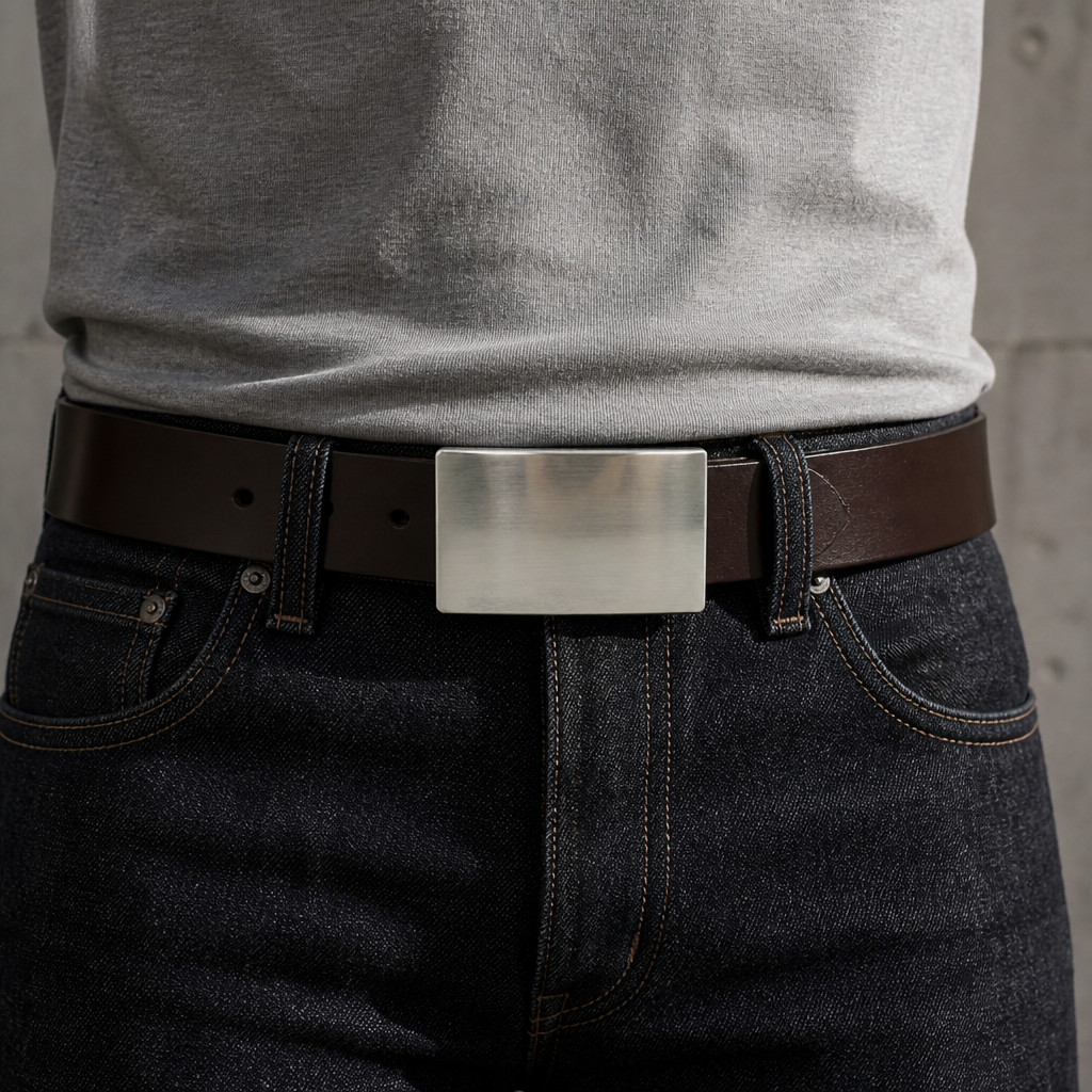 Boucle montée sur une ceinture en cuir marron, portée sur un jean brut