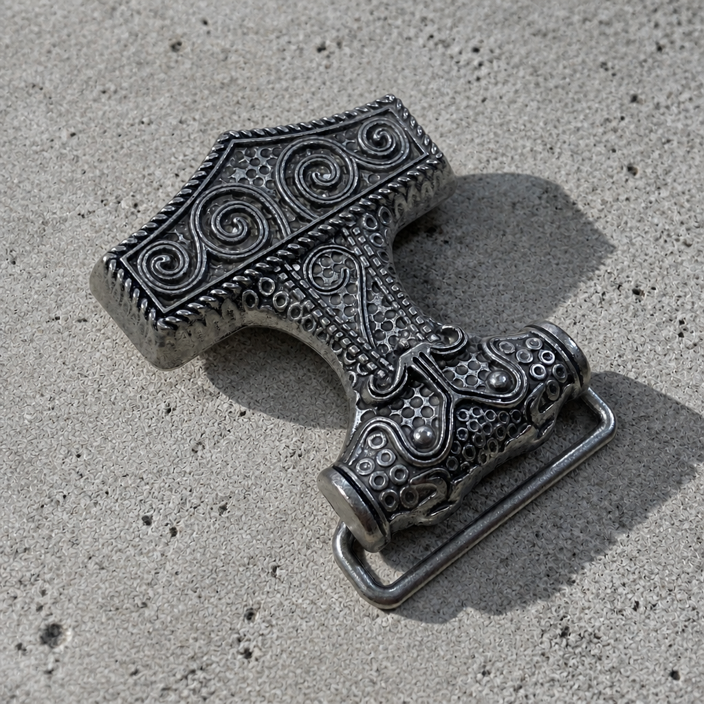 Relief des spirales et pointillés de la boucle viking marteau de Thor, vue de trois quarts