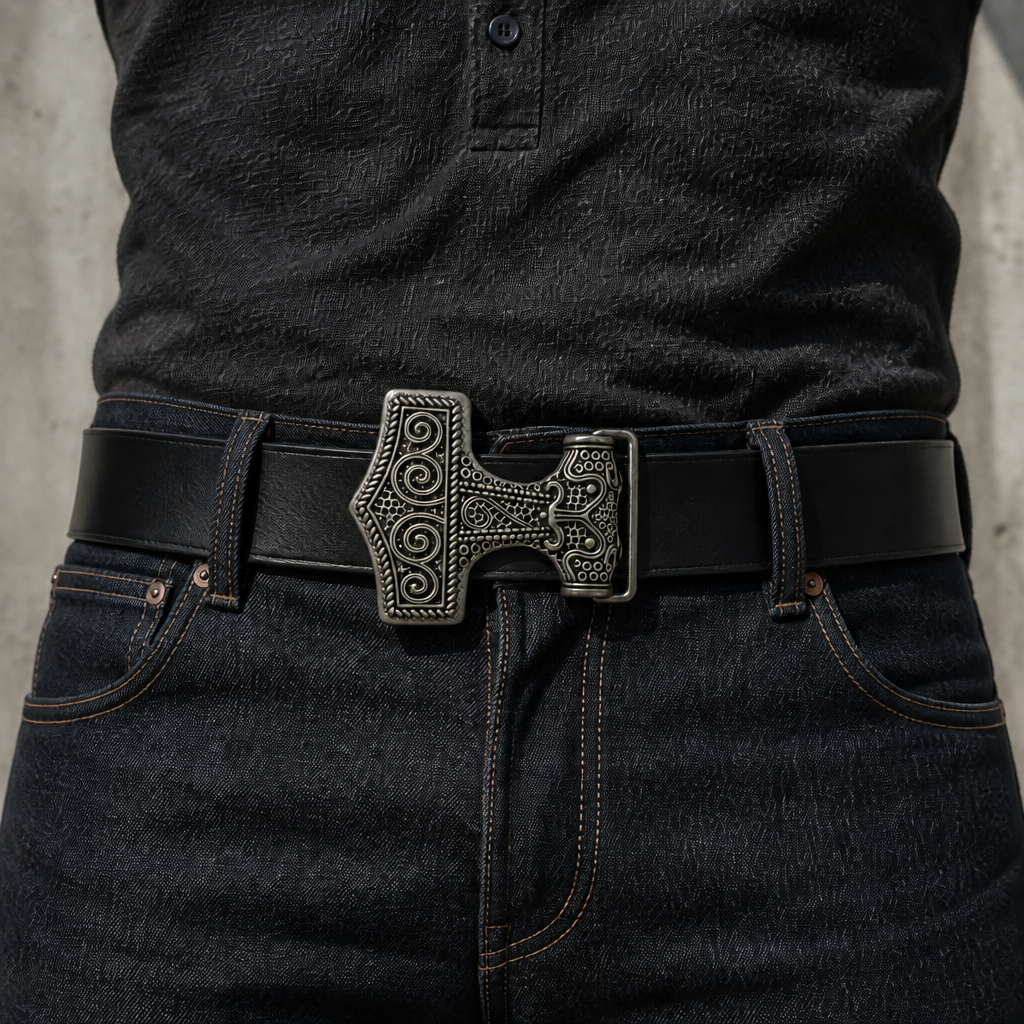 Boucle marteau de Thor argent vieilli montée sur une ceinture en cuir noir, ceinture non fournie