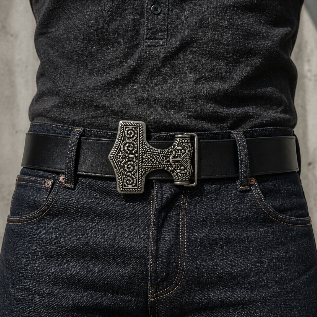 Boucle marteau de Thor argent montée sur une ceinture en cuir noir, ceinture non fournie