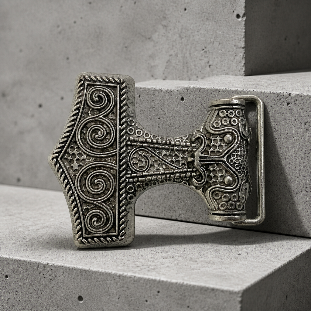 Boucle de ceinture homme vintage marteau de Thor finition argent