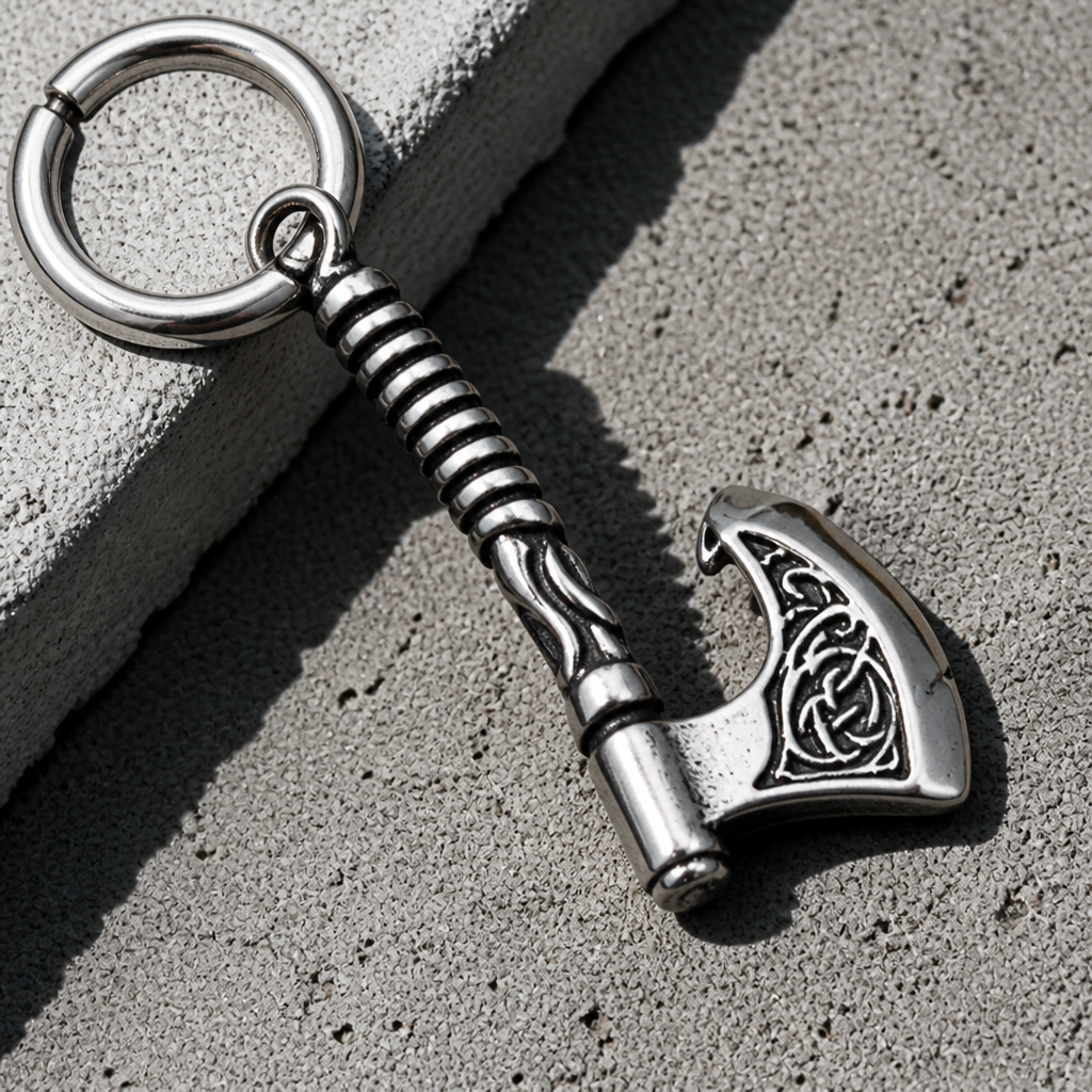 Détail de la lame gravée d'un nœud celtique sur la boucle d'oreille hache viking en acier inoxydable