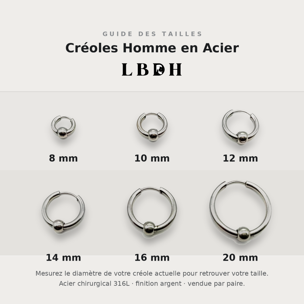 Guide des tailles des créoles homme en acier posées à plat sur béton, vue de dessus : diamètres 8, 10, 12, 14, 16 et 20 mm à l'échelle réelle