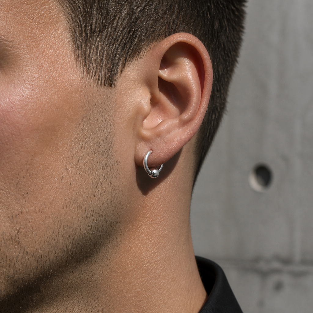 Homme portant la créole en acier chirurgical argentée à l'oreille