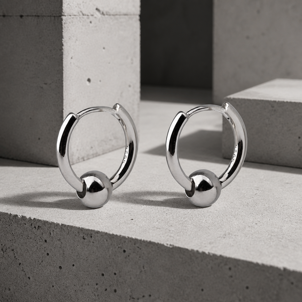 Boucles d'oreilles créoles homme en acier chirurgical argenté à fermoir boule