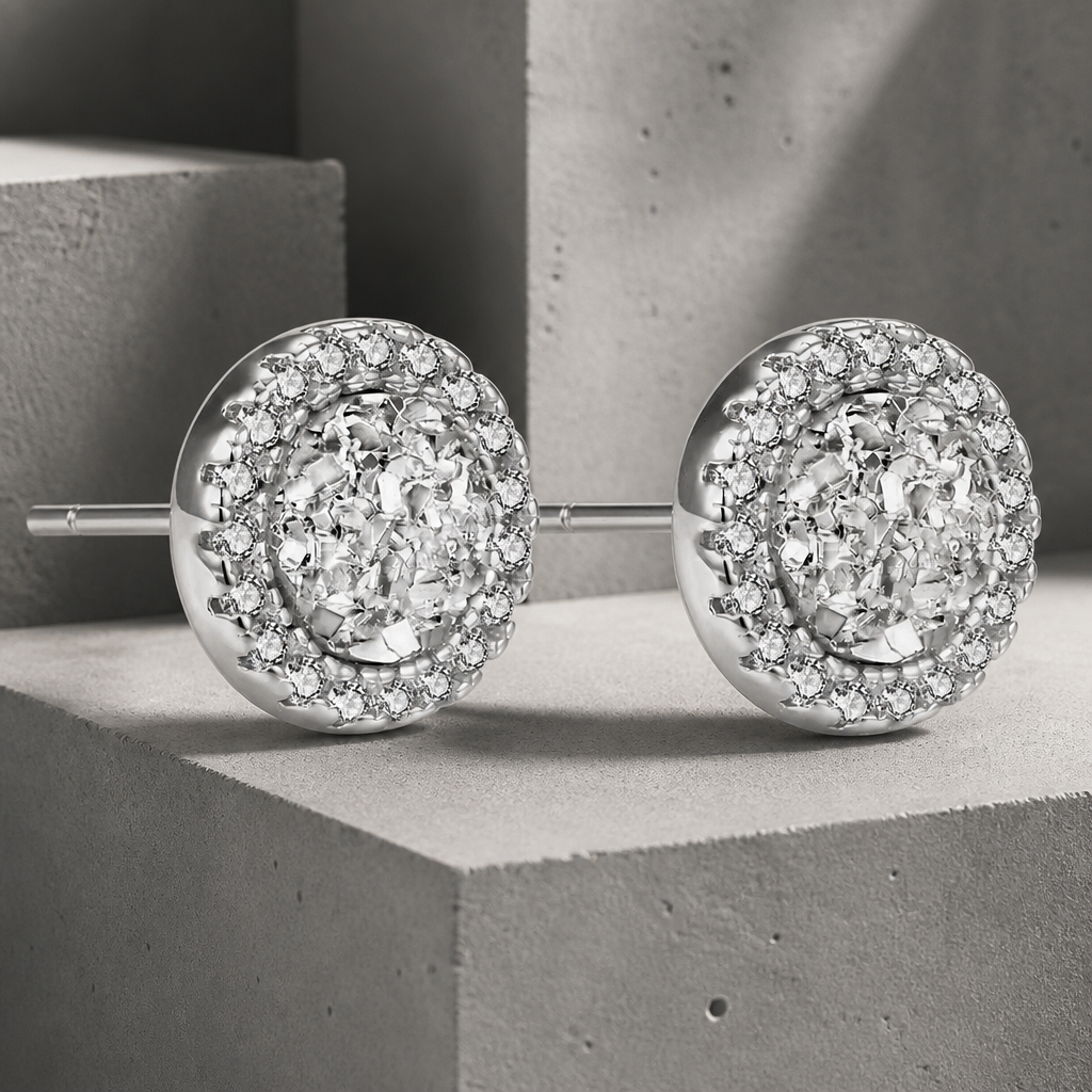 Boucle d'oreille homme zirconium argentée, puce ronde effet diamant