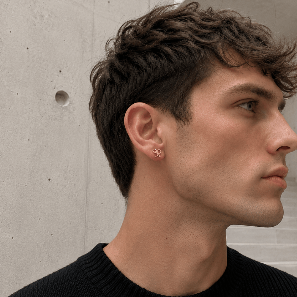 Boucle d'oreille personnalisée homme initiales or rose portée à l'oreille
