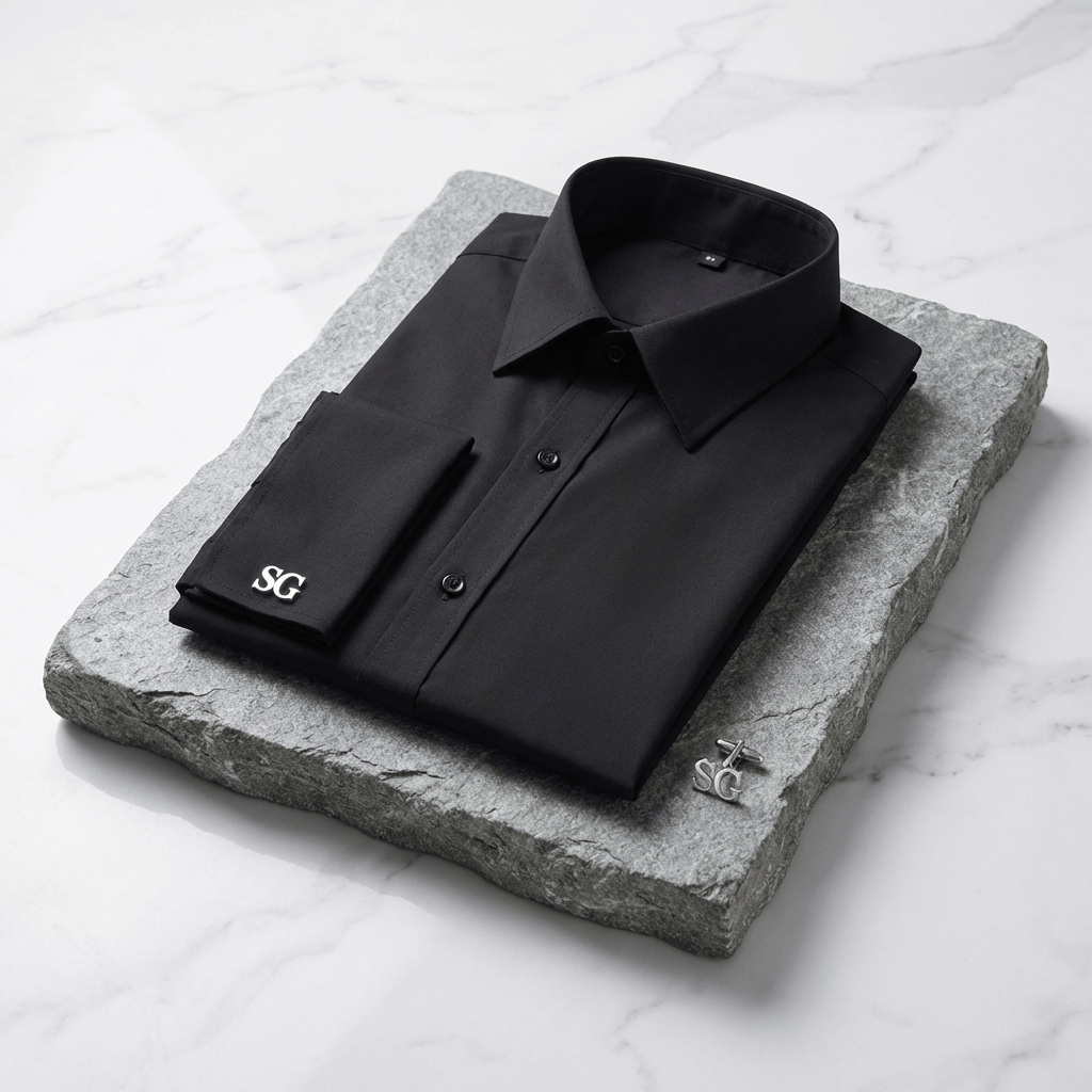 chemise noire à poignets mousquetaires avec boutons de manchette personnalisés