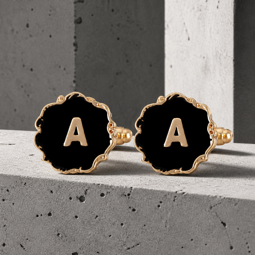 Boutons de Manchette Homme Initiale en Émail Noir et Or