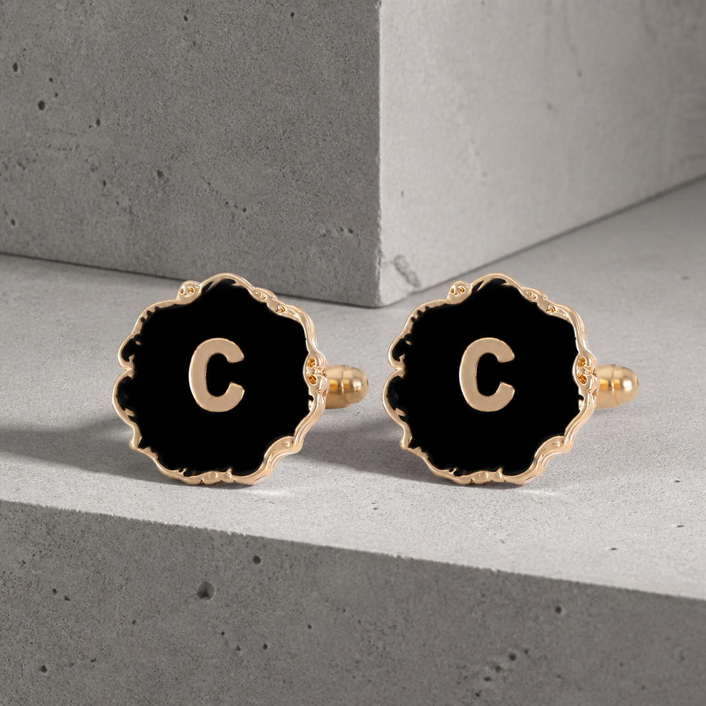 Boutons de manchette homme initiale C, émail noir et lettre dorée