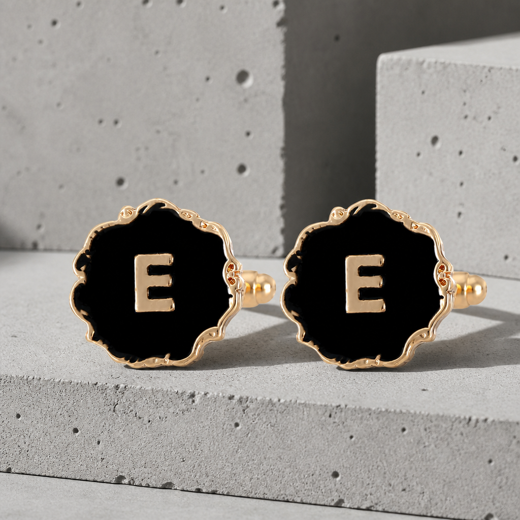Boutons de manchette homme initiale E, émail noir et lettre dorée