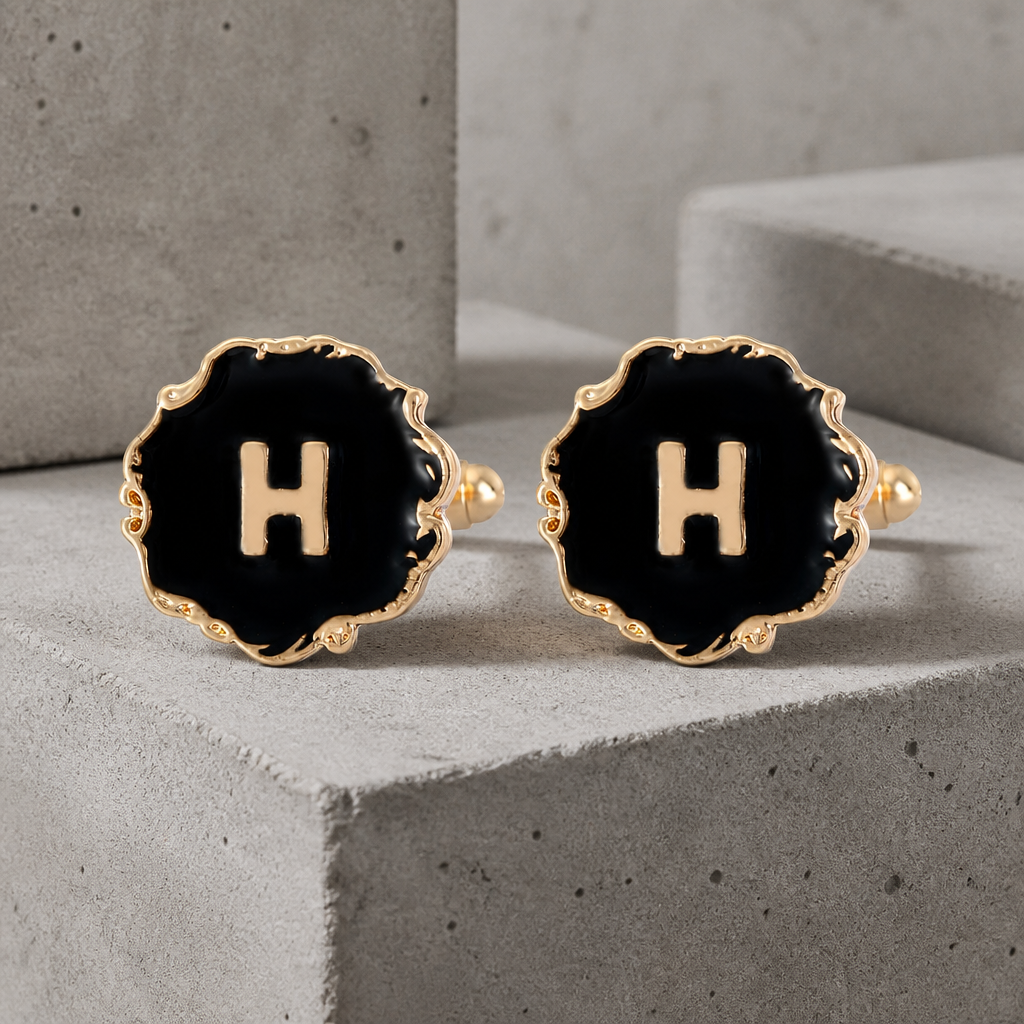 Boutons de manchette homme initiale H, émail noir et lettre dorée