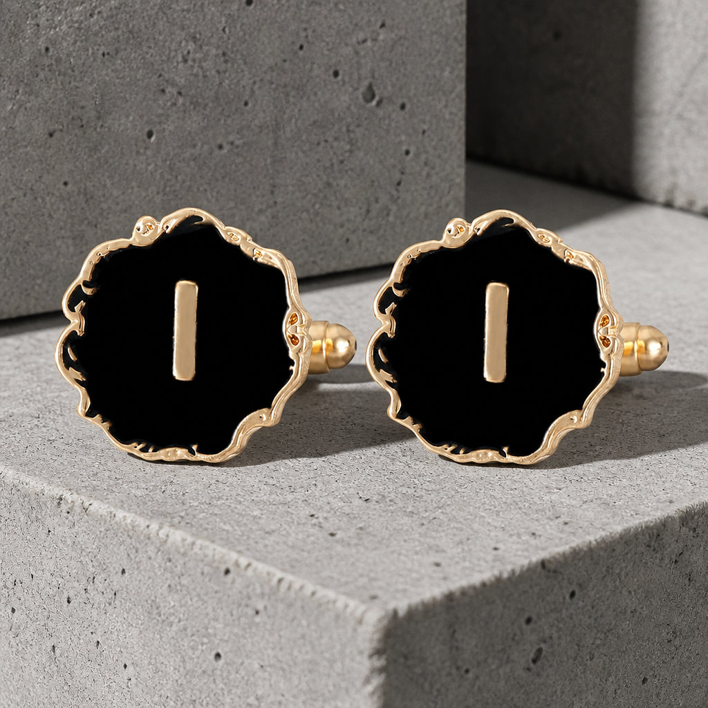 Boutons de manchette homme initiale I, émail noir et lettre dorée