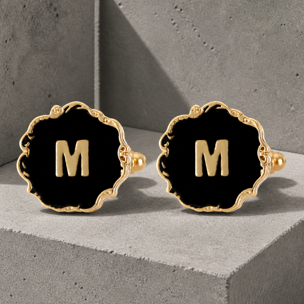 Boutons de manchette homme initiale M, émail noir et lettre dorée