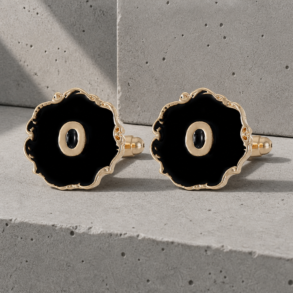 Boutons de manchette homme initiale O, émail noir et lettre dorée