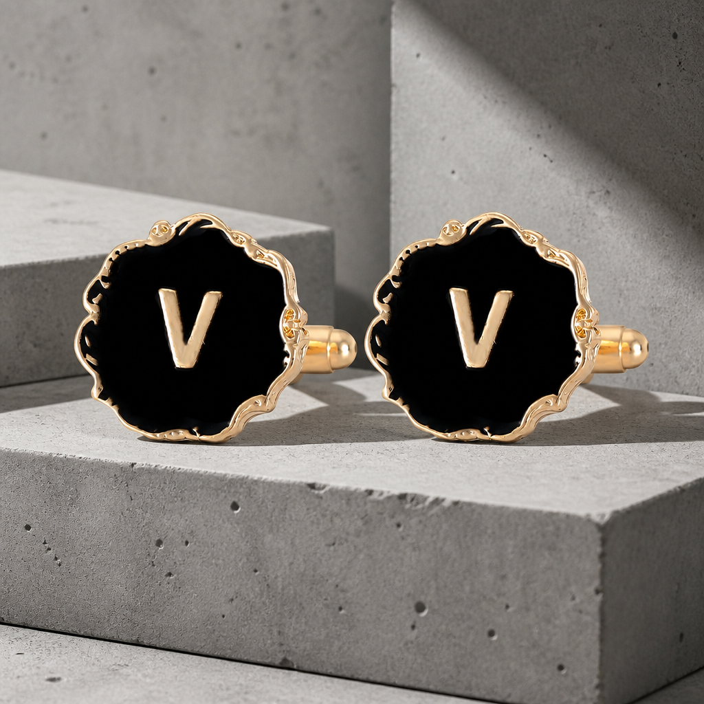Boutons de manchette homme initiale V, émail noir et lettre dorée