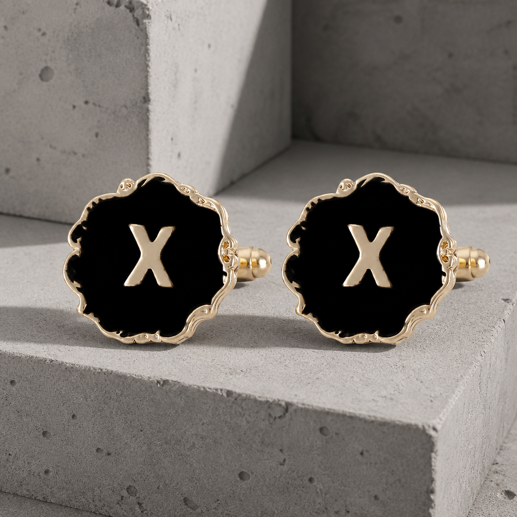 Boutons de manchette homme initiale X, émail noir et lettre dorée