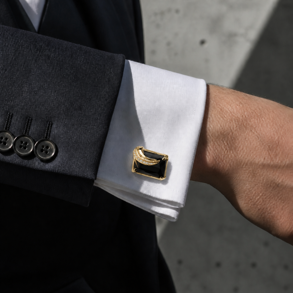 Bouton de manchette noir doré porté sur une chemise à poignet mousquetaire