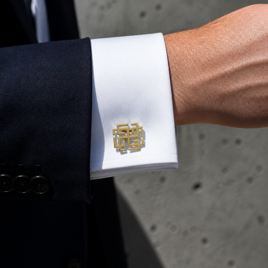 Bouton de manchette original or porté sur un poignet mousquetaire de chemise blanche