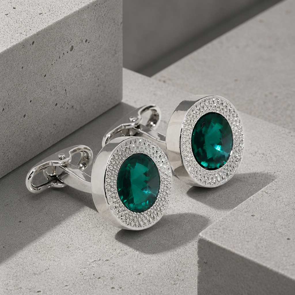 Boutons de manchette homme ronds à pierre cristal vert
