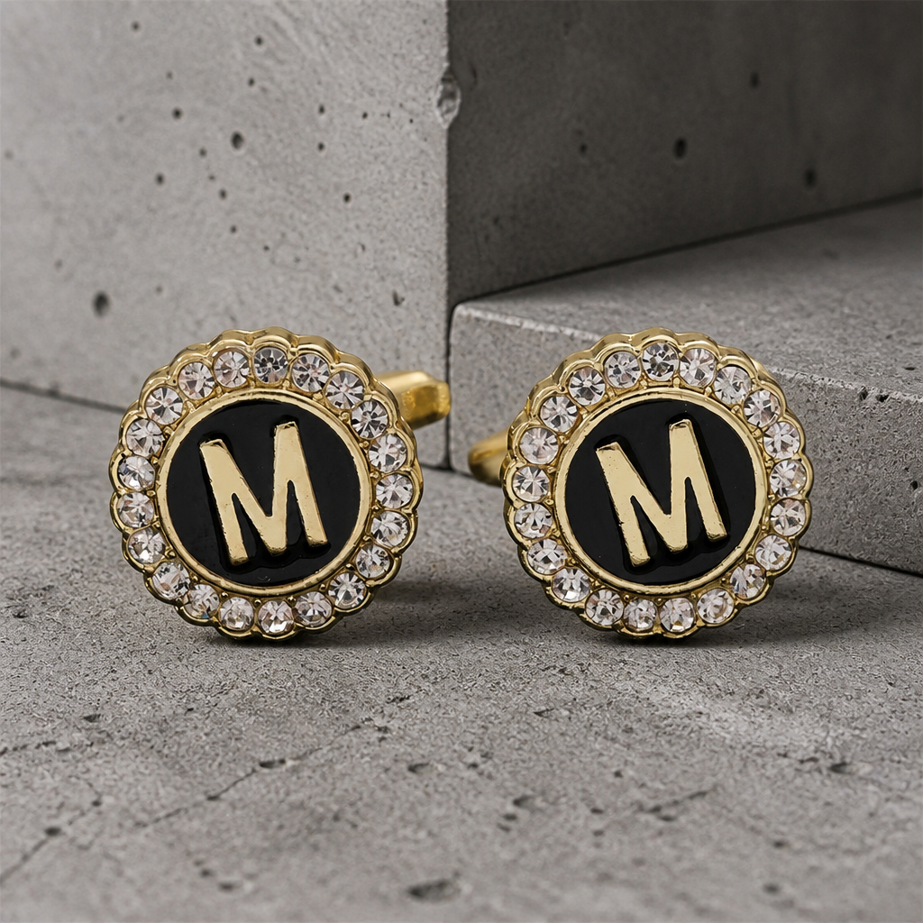 Boutons de manchette lettre M à cristaux pour mariage, plaqué or