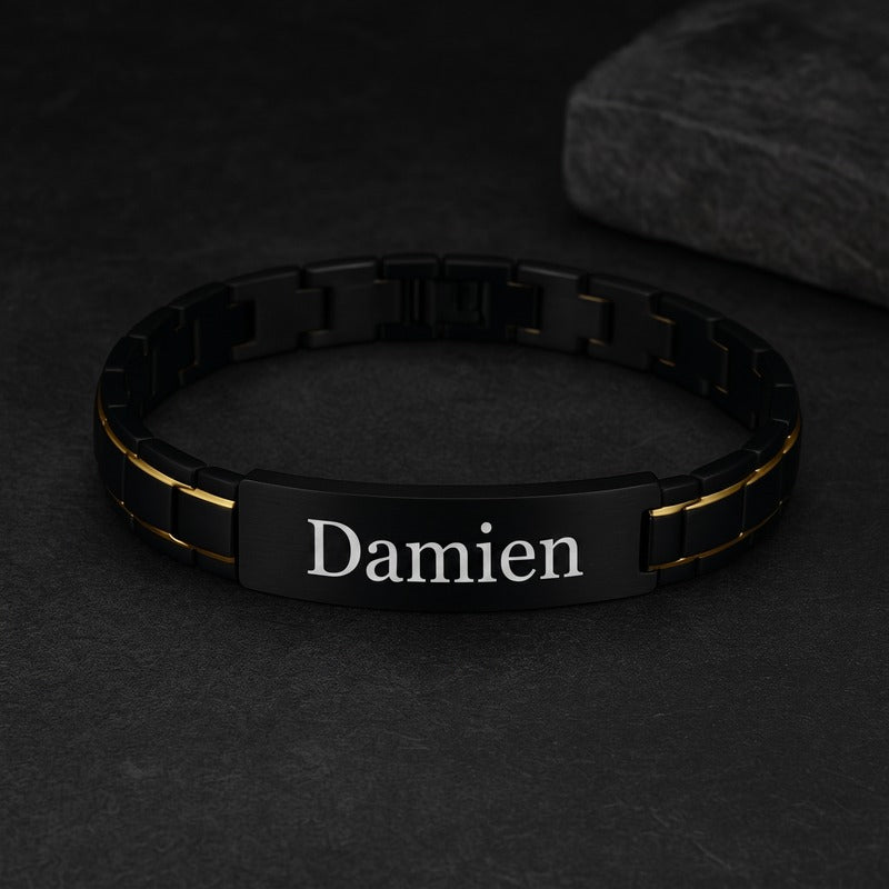 Bracelet acier noir homme, finition Noir et Or à filets dorés et plaque gravée