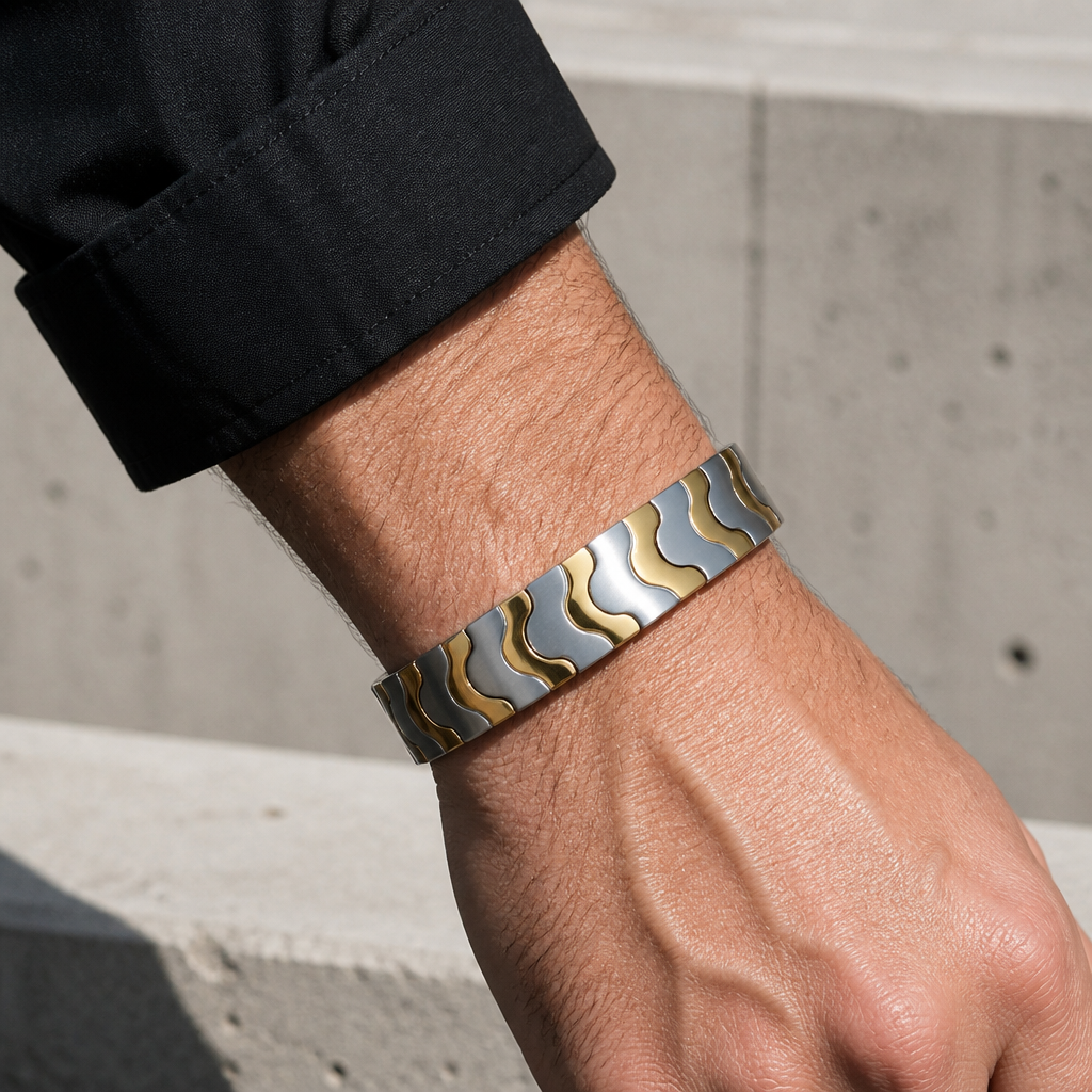 Bracelet aimanté homme argent et or porté au poignet