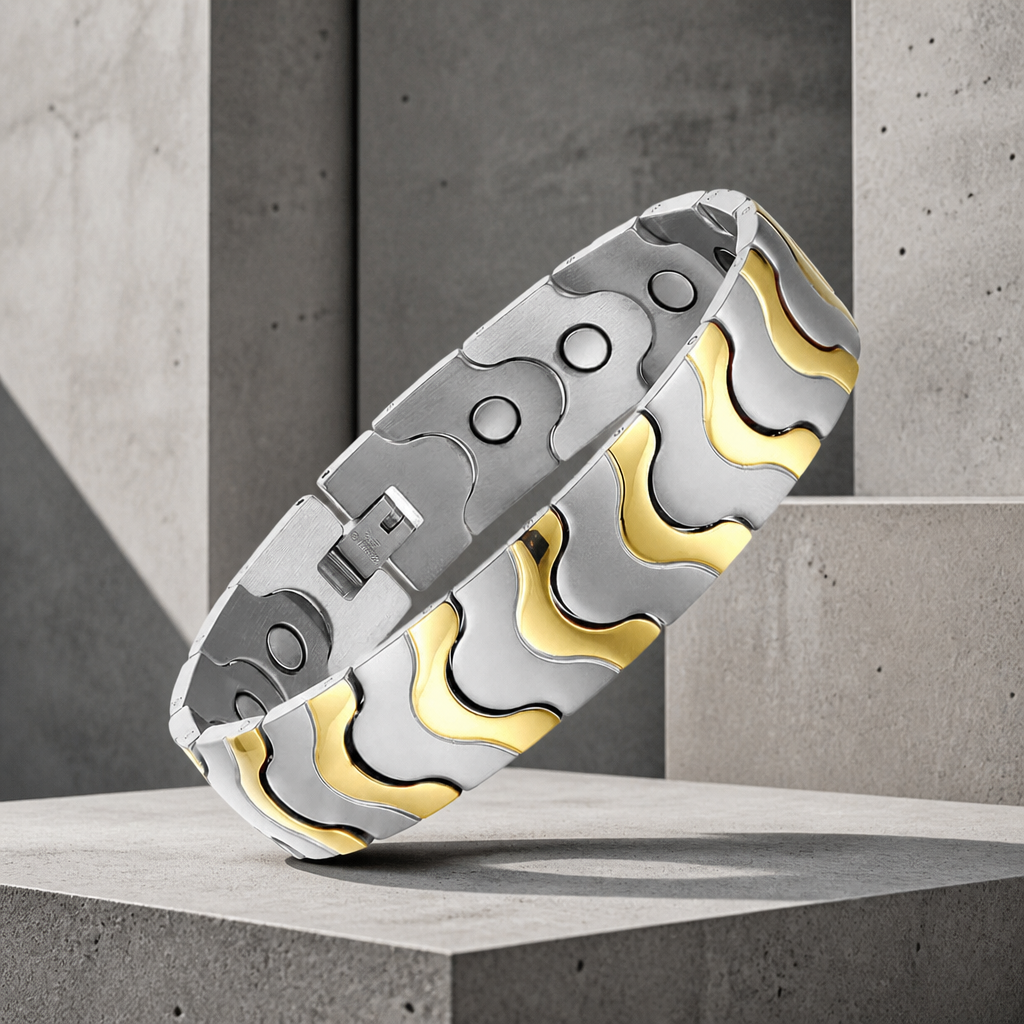 Bracelet aimanté homme en acier inoxydable, maillons entrelacés argent et or