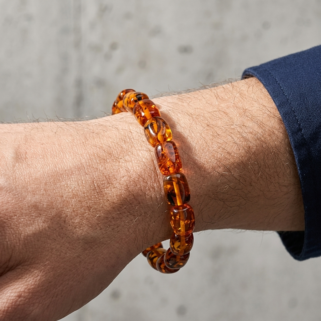 Bracelet ambre homme porté au poignet, sous une manchette bleu marine