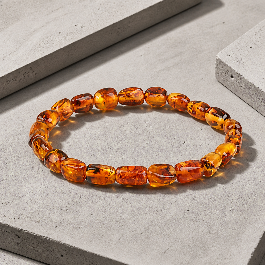 Bracelet ambre homme, rang de perles cognac polies posé sur du béton brut
