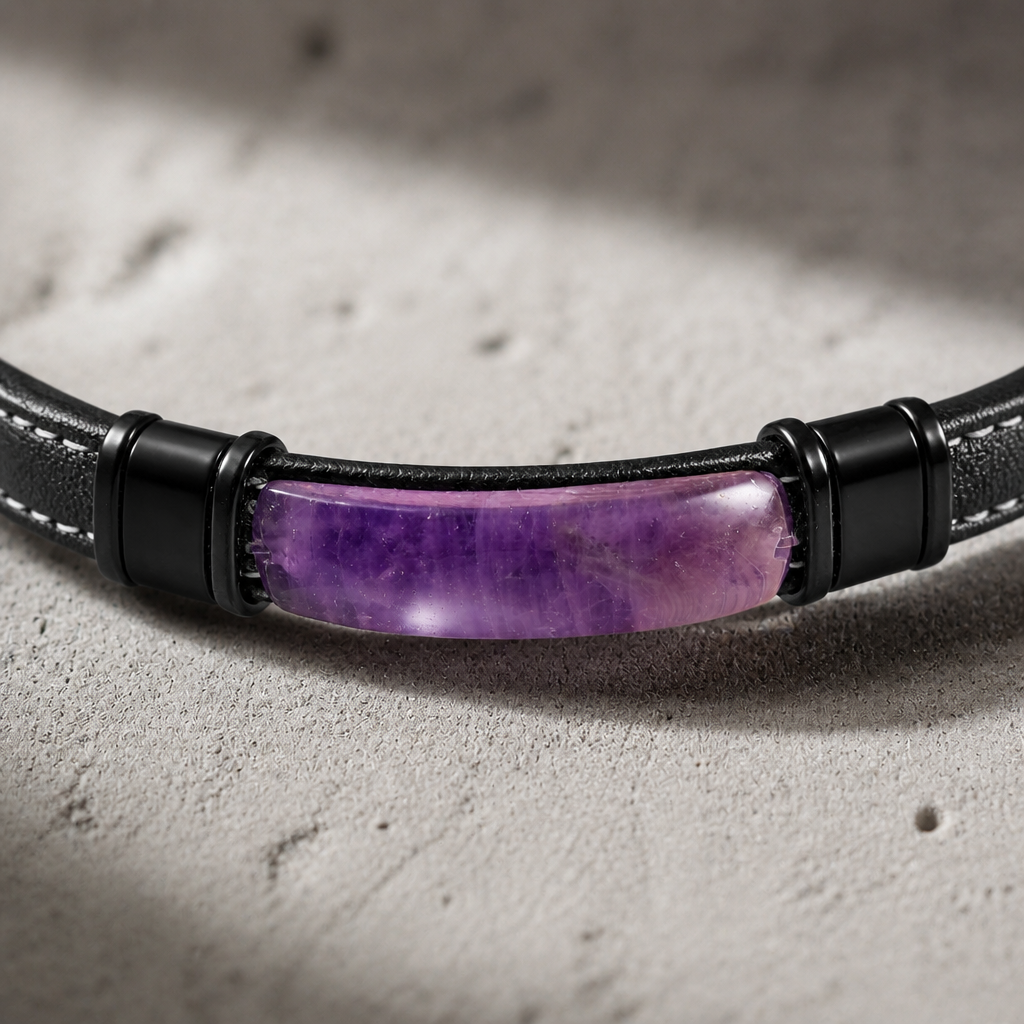 Gros plan sur la pierre violette polie en cabochon, veines claires visibles