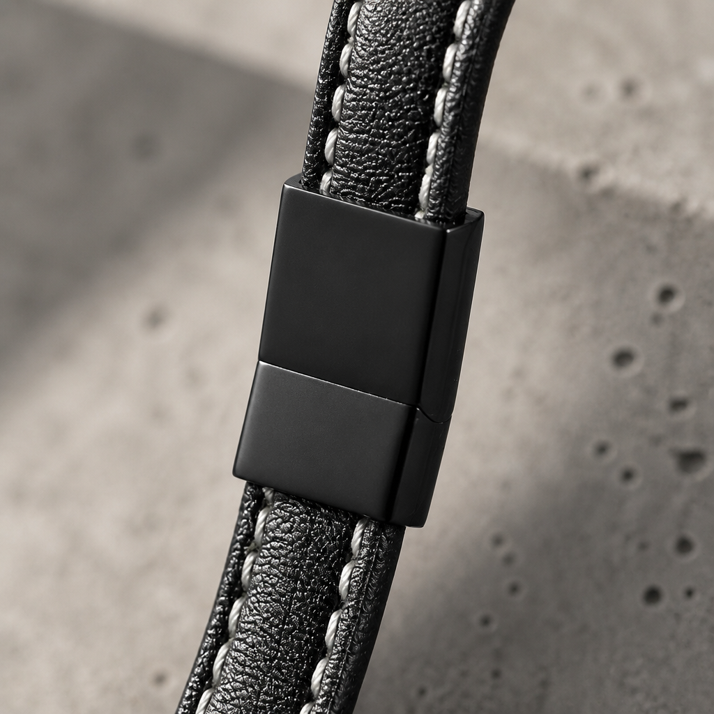 Macro du boîtier de fermeture en acier inoxydable noir mat du bracelet en cuir