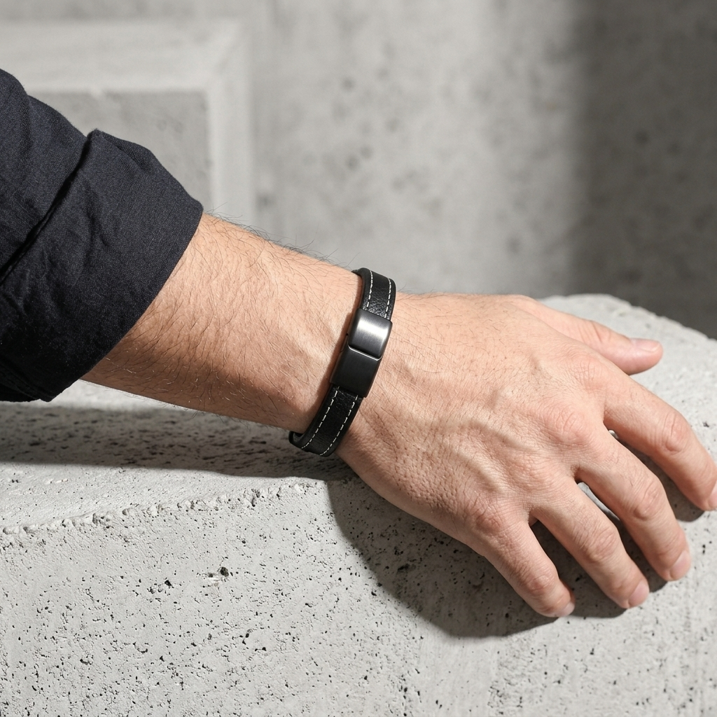 Bracelet en cuir noir porté au poignet, boîtier d'acier visible, main posée sur du béton