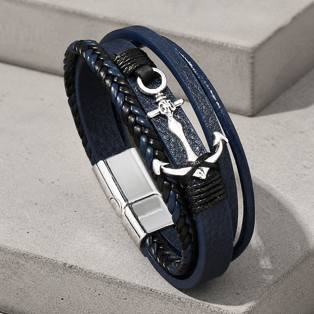 Bracelet d'ancre bleu marine à plusieurs rangs, ancre argentée coupée dans l'axe