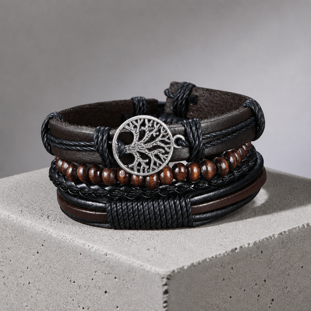 Lot de quatre bracelets arbre de vie homme, cuir, perles de bois et cordon tressé