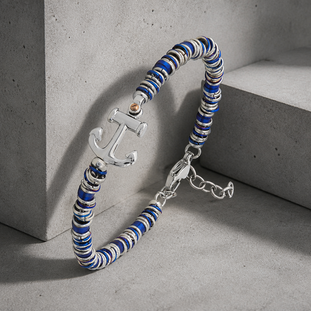 Bracelet bleu homme perlé à ancre, perles bleu marine et acier inoxydable