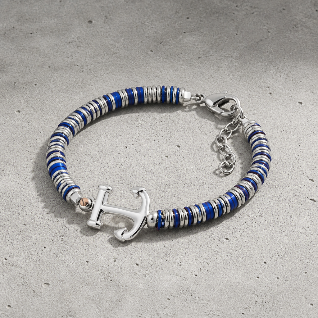 Des Finitions Exemplaires - Bracelet Bleu Homme Perlé à Ancre en Acier Inoxydable
