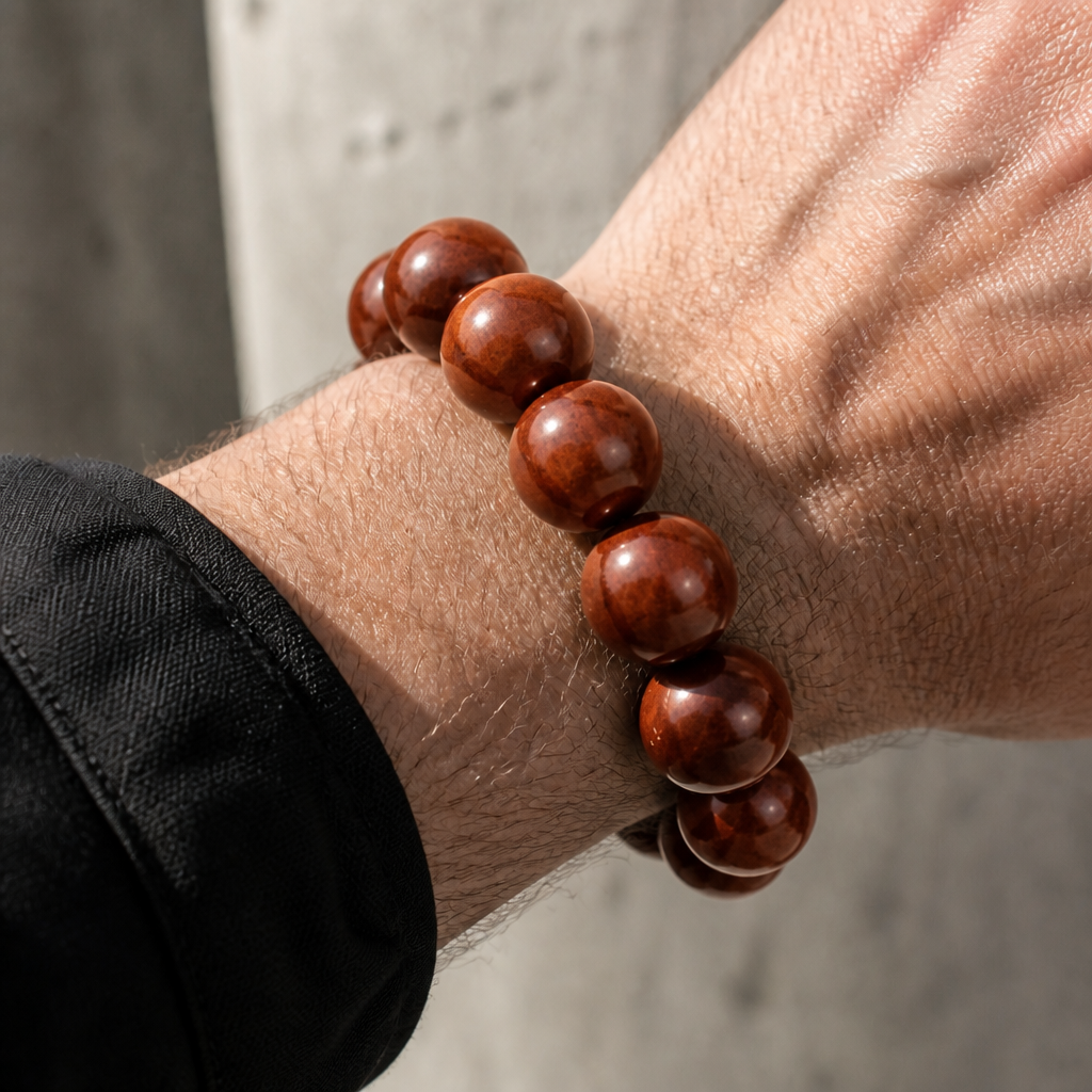 Bracelet boule homme en bois brun porté au poignet d'un homme