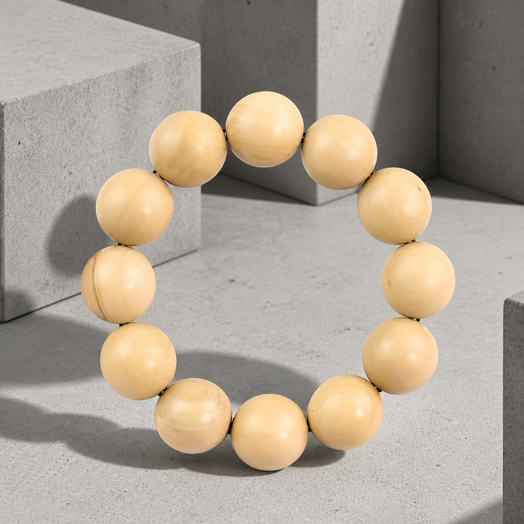 Bracelet boule homme en bois massif, billes rondes en buis crème