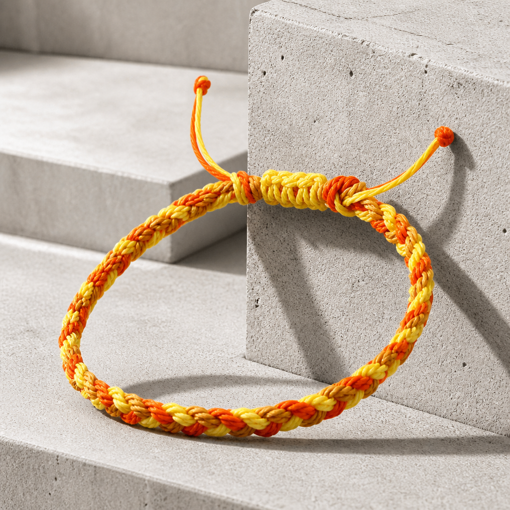Coloris jaune, fils dorés et orangés, nœud coulissant en haut