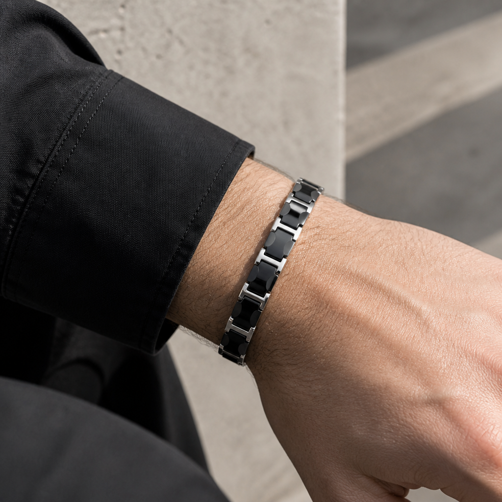 Bracelet céramique homme noir et argent porté au poignet