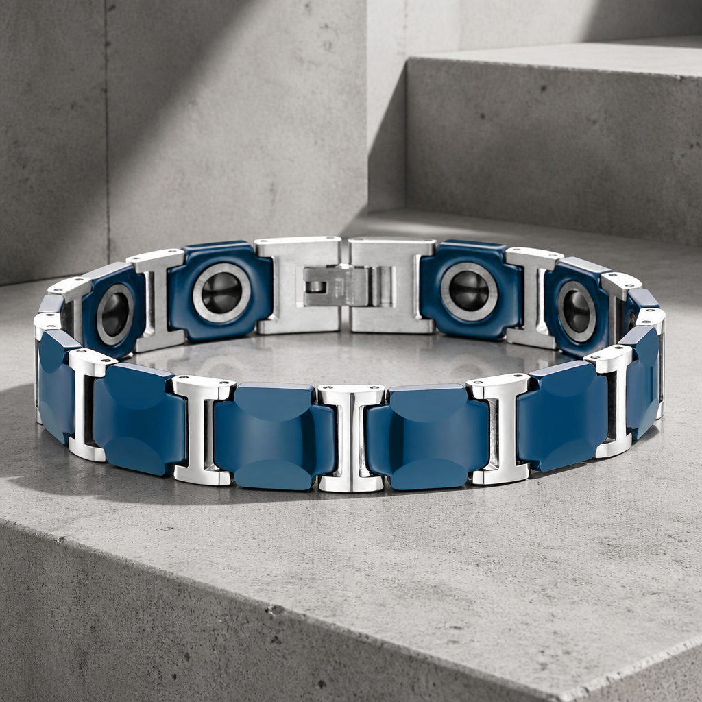 Bracelet céramique homme bleu et argent, tuiles bleues et acier