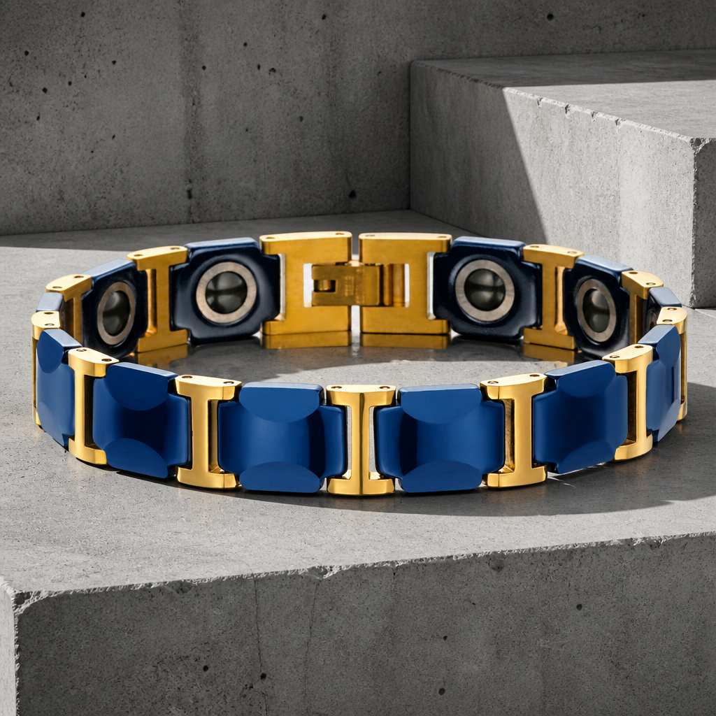 Bracelet céramique homme bleu et or, tuiles bleues et maillons dorés