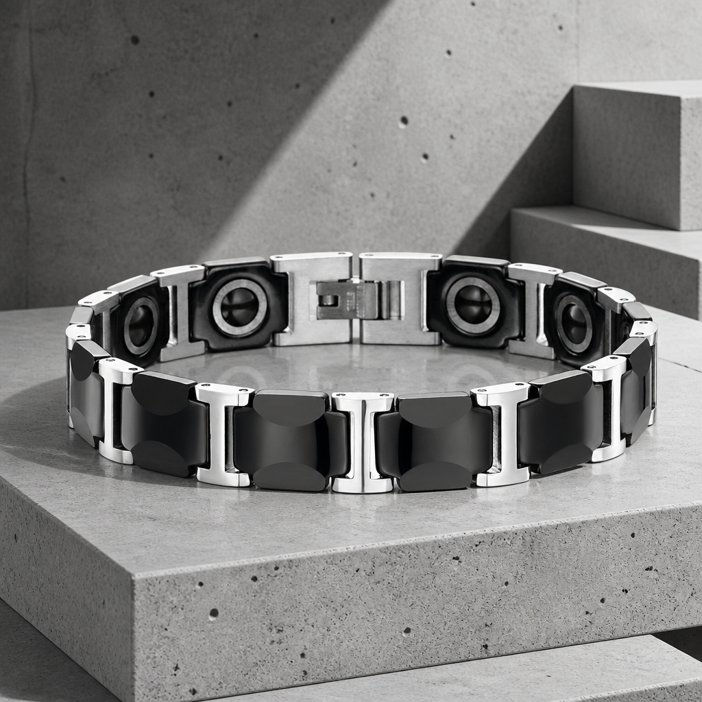 Bracelet céramique homme noir et argent, tuiles de céramique et maillons d'acier