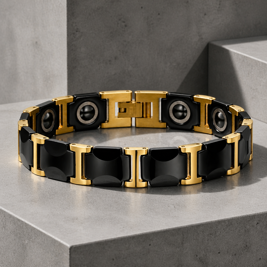 Bracelet céramique homme noir et or, tuiles noires et maillons dorés