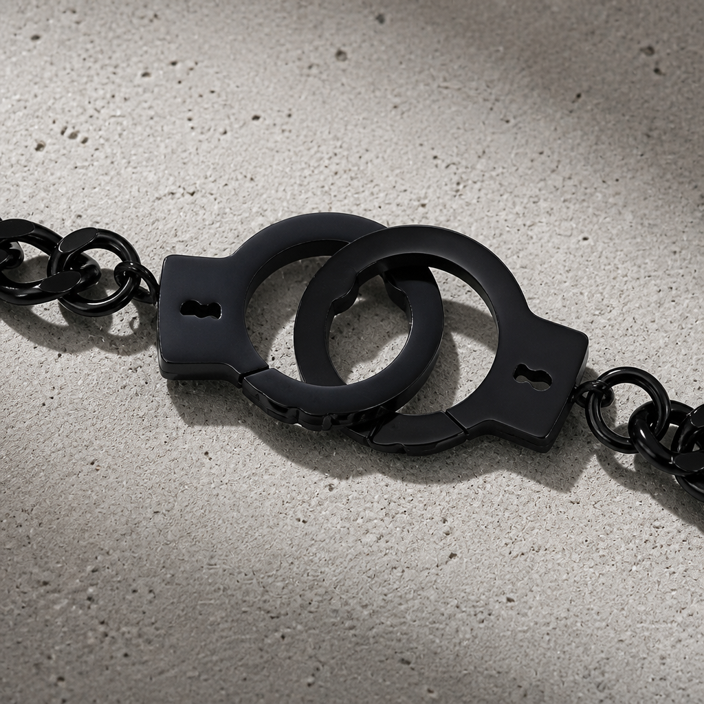 Gros plan du fermoir en forme de menottes du bracelet chaîne acier homme