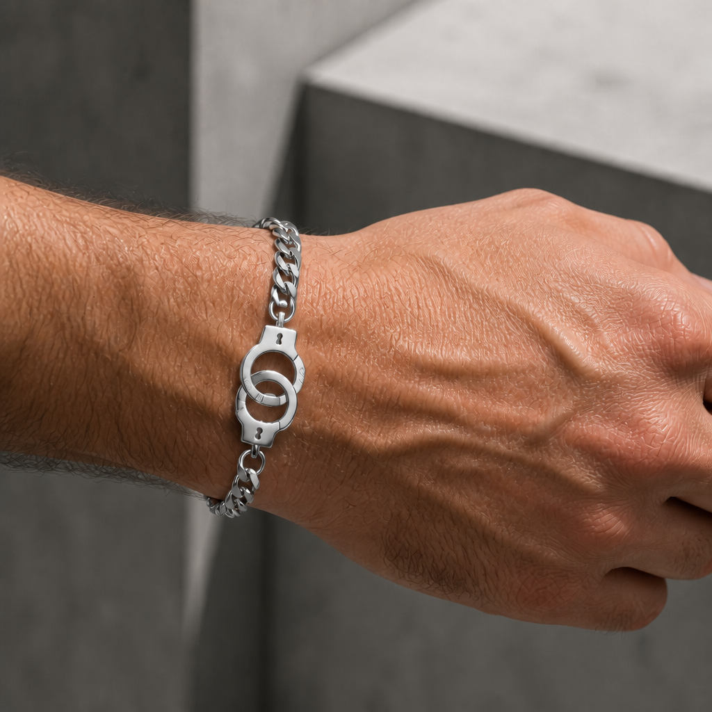 Bracelet chaîne acier homme argenté porté au poignet, fermoir menotte