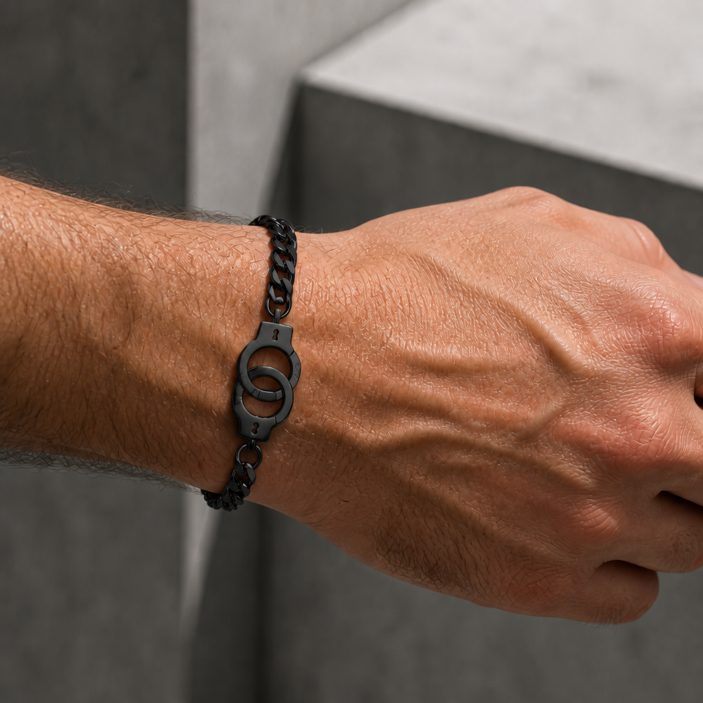 Bracelet chaîne acier homme noir porté au poignet, fermoir menotte