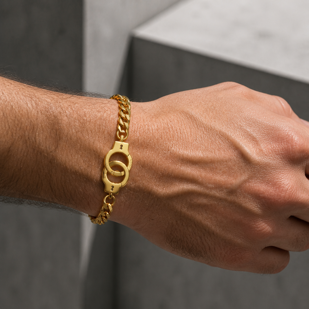 Bracelet chaîne acier homme doré porté au poignet, fermoir menotte